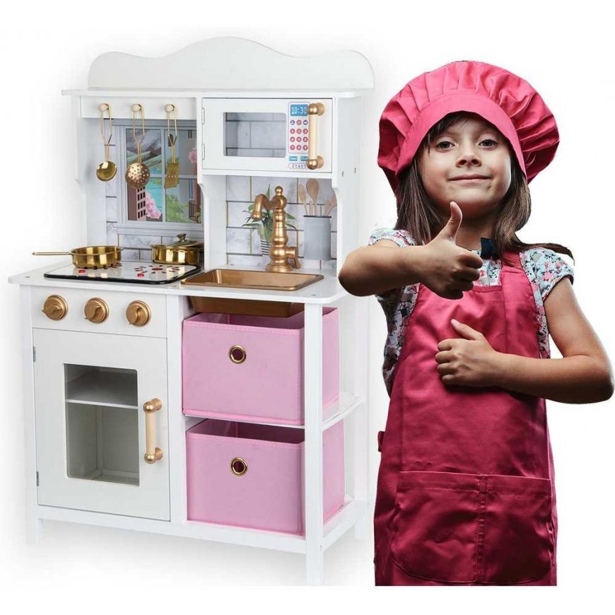 Enero Toys Virtuvė DREWNIANA DLA DZIECI LAMPKA LED 60x30x88,5CM Baltai RÓŻOWA – 5