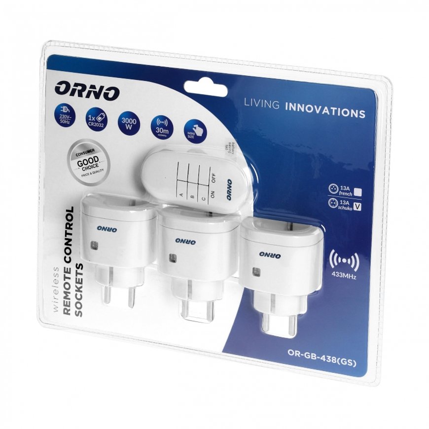 Orno Wireless mini socket set is controlled by 3 + 1 remote control, schuko version – 3