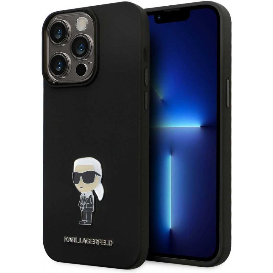 Karl Lagerfeld skystas silikoninis metalinis Ikonik dėklas, skirtas iPhone 15 Pro Max Juodas