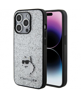 Case Karl Lagerfeld Fixed Glitter Choupette Logo Metal Pin Case for iPhone 15 Pro Max - Silver
