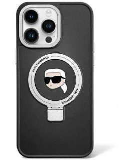Karl Lagerfeld KLHMP15SHMRSKHK iPhone 15 6.1" juodas/juodas kietas dėklas Žiedinis stovas Karl Head MagSafe