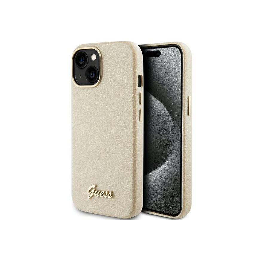 Guess Glitter Glossy Script case for iPhone 15 - gold