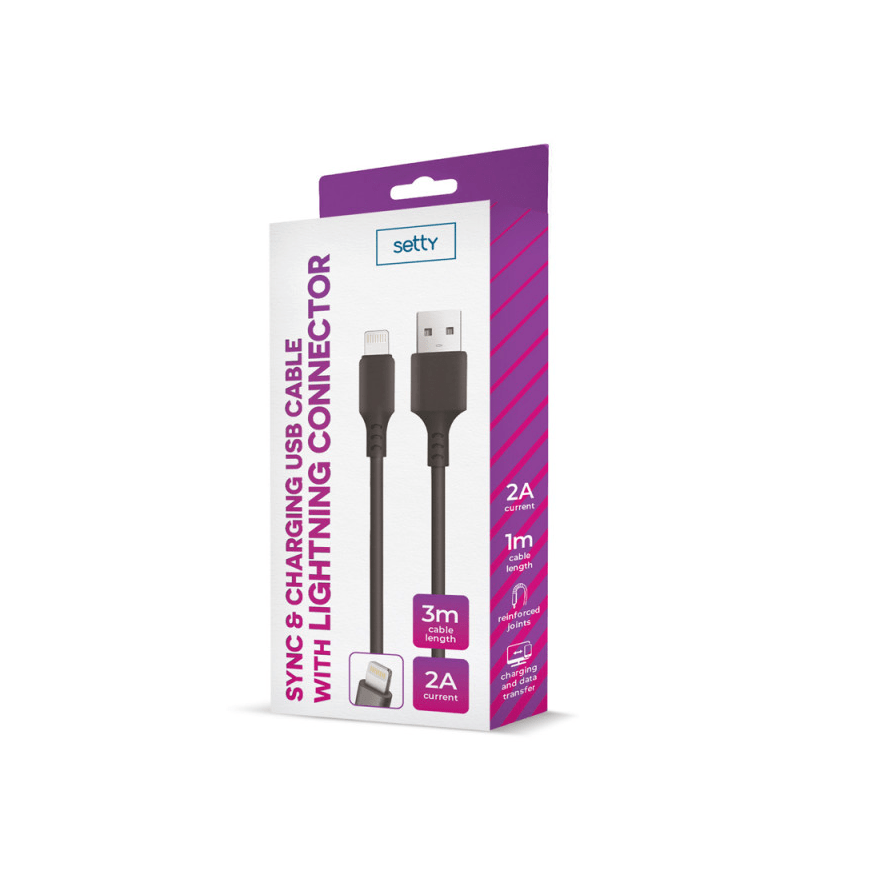 Setty cable USB - Lightning 3,0 m 2A black NEW