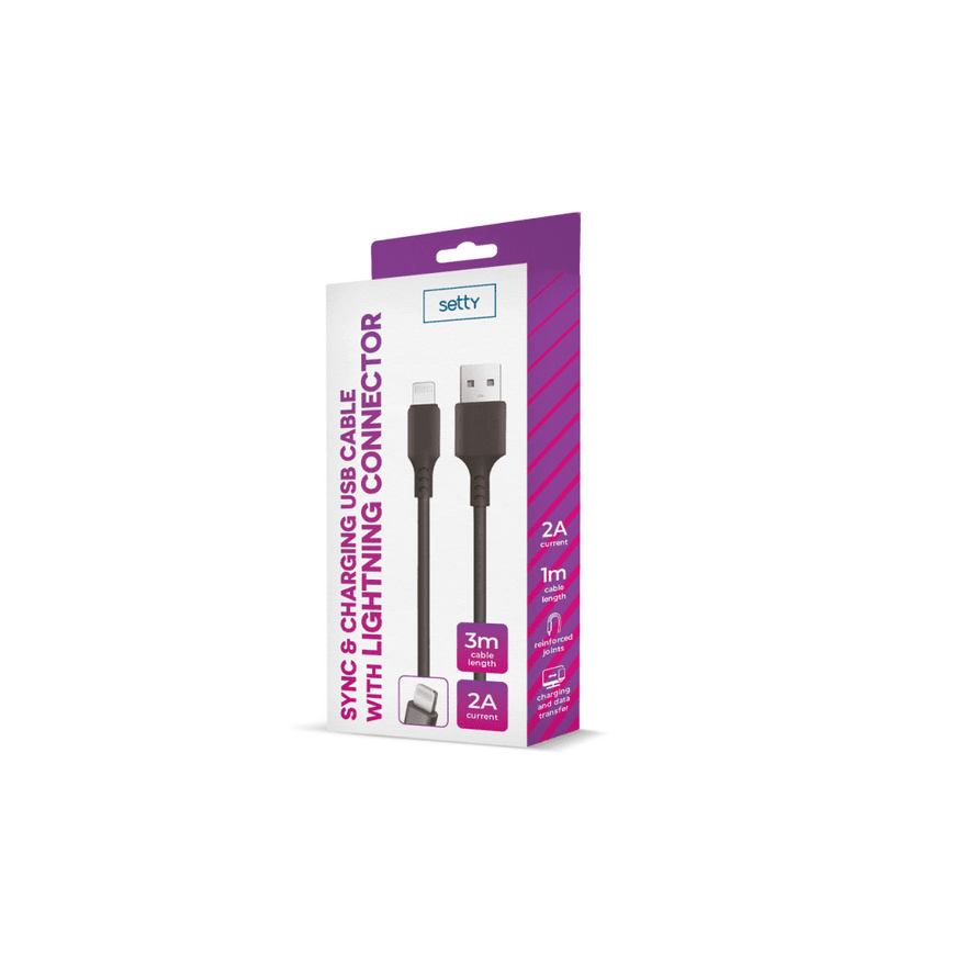 Setty cable USB - Lightning 3,0 m 2A black NEW – 2
