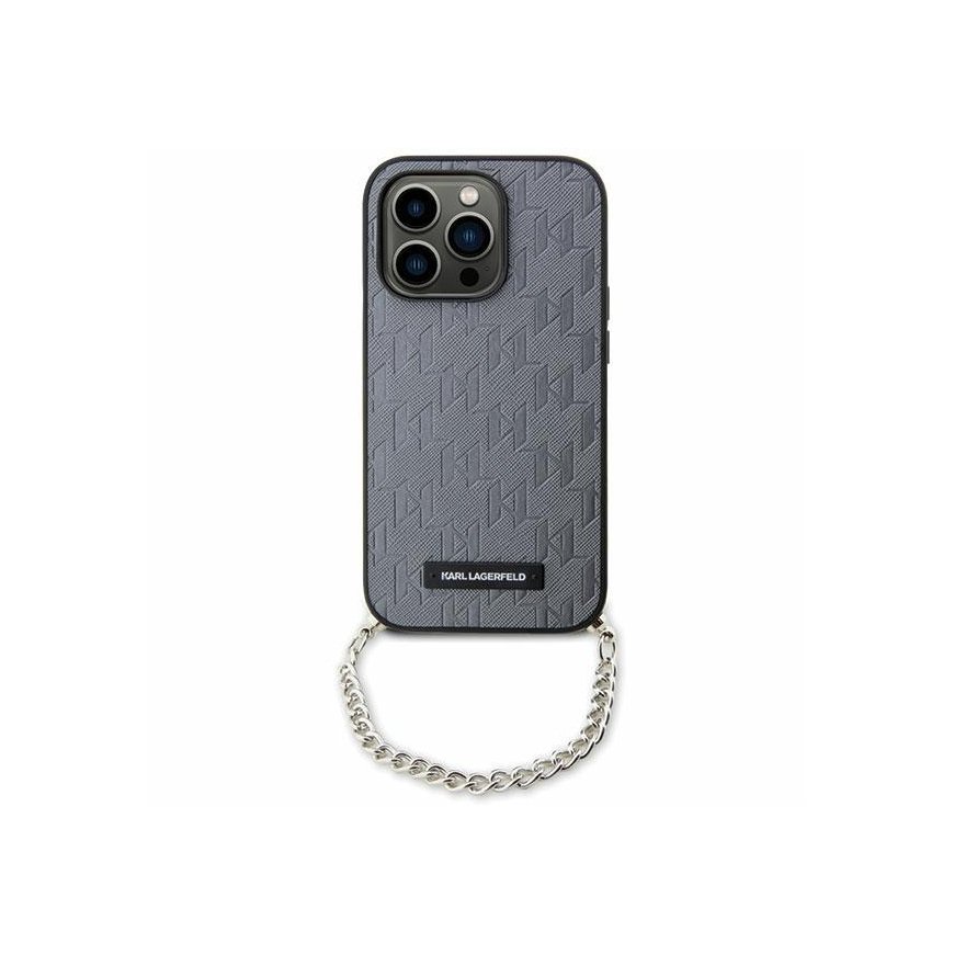 Karl Lagerfeld dėklas, skirtas iPhone 14 6,1" KLHCP14SSACKLHPG sidabrinis hardcase Saffiano Mono Chain