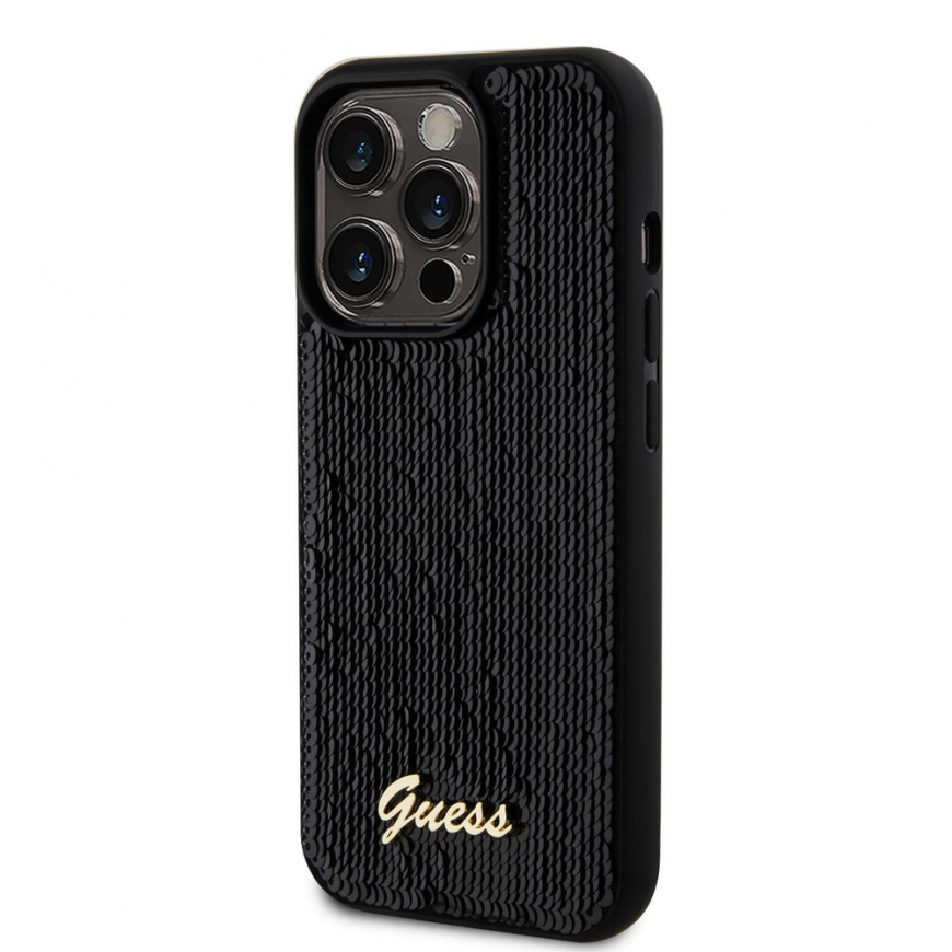 Guess Sequin Script logotipo dėklas, skirtas iPhone 14 Pro Max Juodas