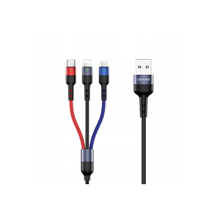 USAMS Kabel pleciony U26 3w1 0.35m 2A Fast Charge (lightning|mic