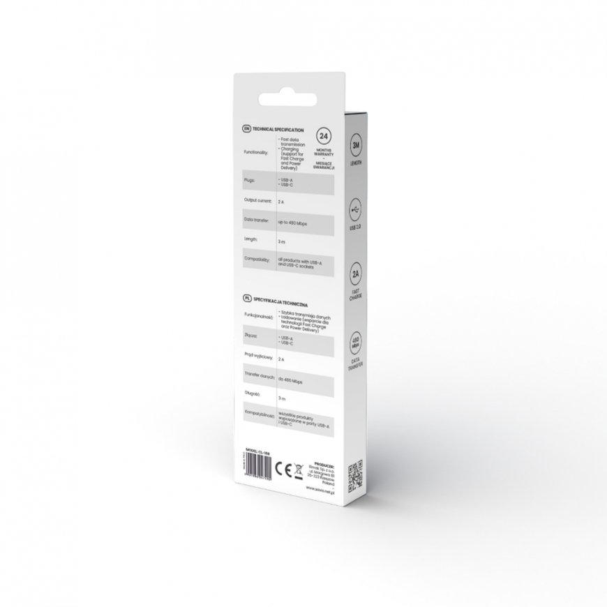 Savio USB cable 2 m USB 2.0 USB A - USB C White CL-168 USB-kaapeli 3 m Valkoinen – 3