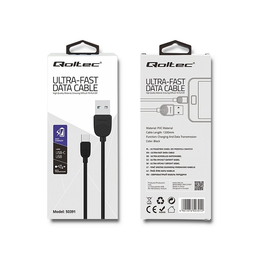 Qoltec 50391 USB-kaapeli 1,2 m USB 2.0 USB A USB C Musta – 2