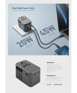 Energea TravelWorld Adapter GaN65 USB-C PD 65W + PPS 55W Universal Adapter