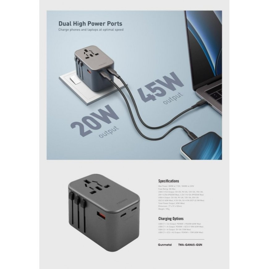 Energea TravelWorld Adapter GaN65 USB-C PD