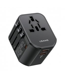 USAMS Ład. siec. 2xUSB T59 20W adapter 4w1 US|AU|EU|UK czarny|bl