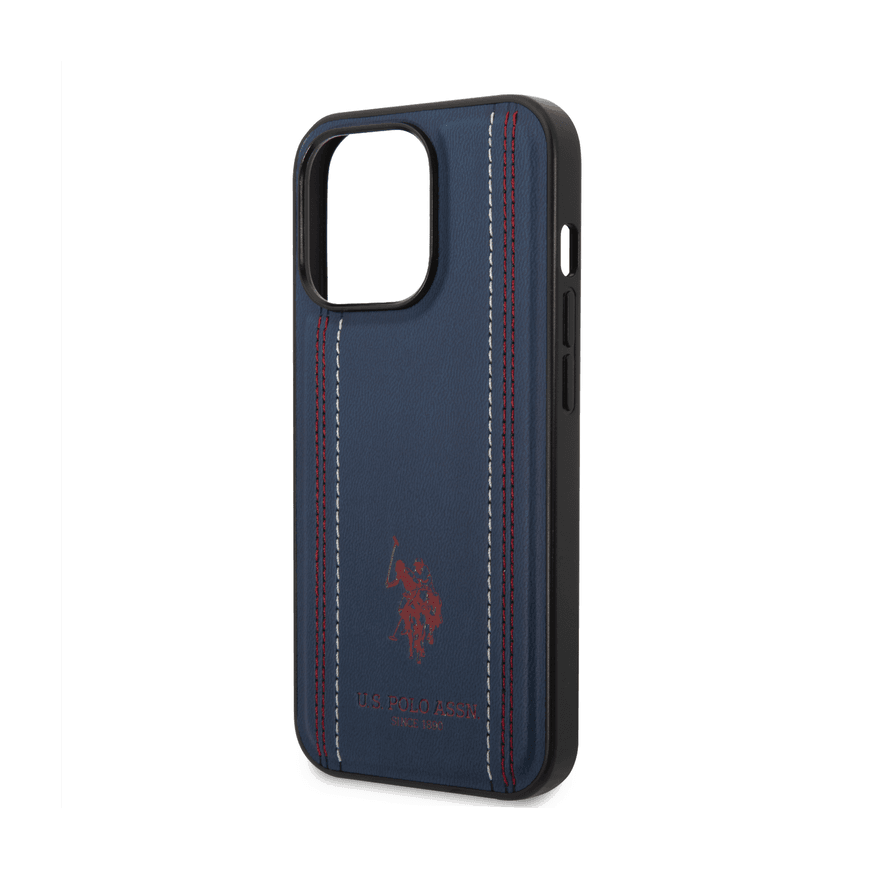 U.S. Polo PU Leather Stitched Lines Case for iPhone 14 Pro Navy