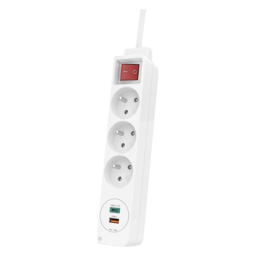 Hama Listwa Zasilająca 3 gniazda, 1 USB C, 1 USB A, biała