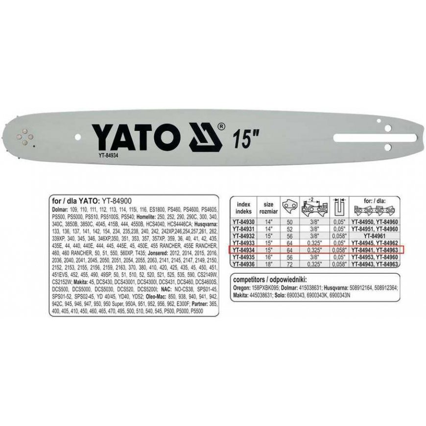 Yato Chain Guide 38cm 15" Pitch 0.325U For YT-84900 YT-84941 YT-84963 (YT-84934)