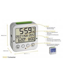 TFA 60.2528.02 Bingo white Digital RC Alarm Clock w. Temper