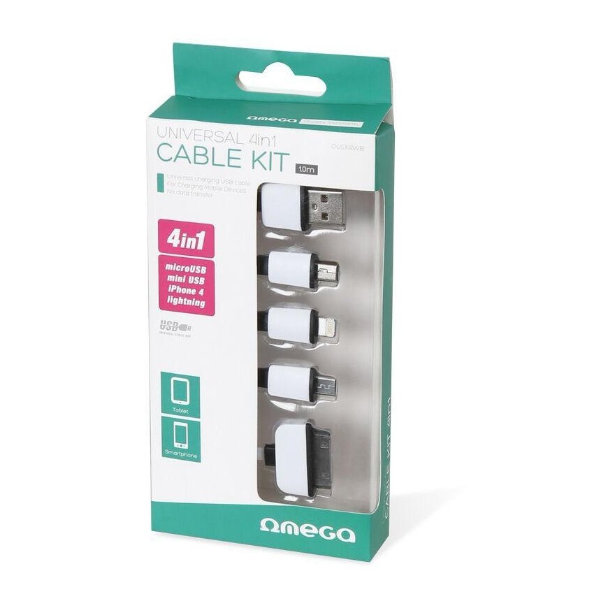 Kabelis USB Omega 4w1 microUSB, miniUSB, iPhone4, Apple 30pin, juoda-balta (OUCK4WB) – 3