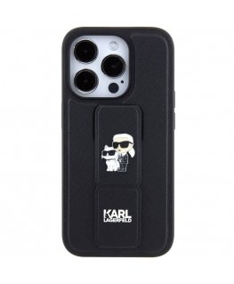 Karl Lagerfeld Saffiano Grip Stand Metal Logo Case for iPhone 15