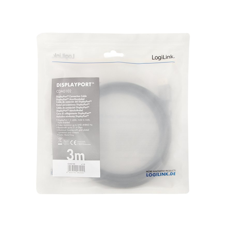 LogiLink CDA0102 DisplayPort cable 3 m Grey, Black – 3