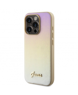 Guess PU Leather Iridescent Metal Script Case for iPhone 15 Pro