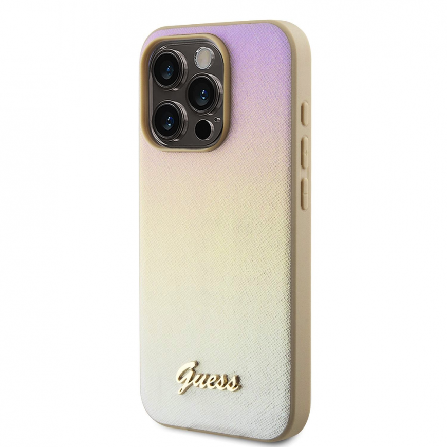 Guess PU Leather Iridescent Metal Script Case for iPhone 15 Pro