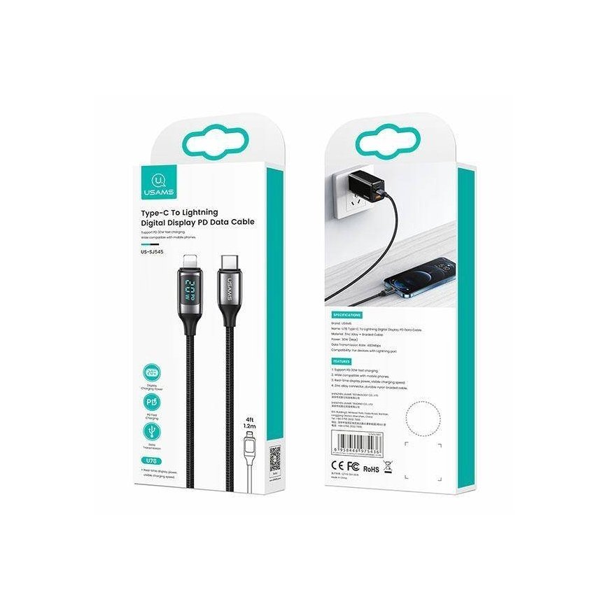 USAMS Kabel pleciony U78 USB-C na Lightning LED 1.2m 20W PD Fast – 2