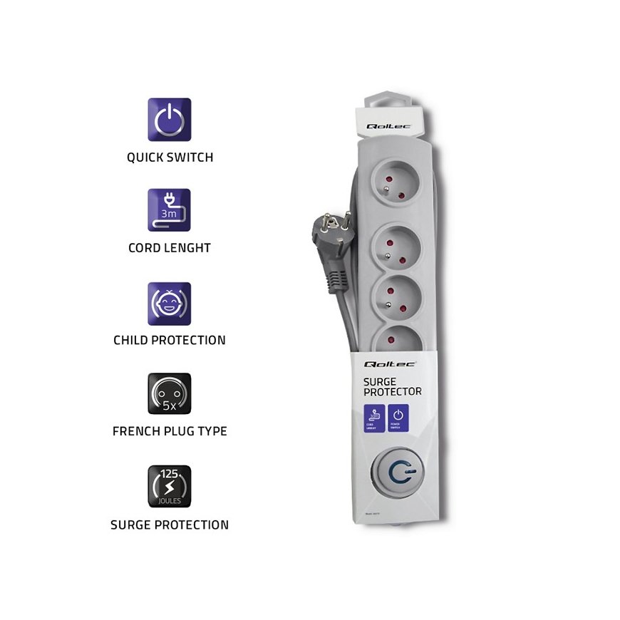 Qoltec 50272 ylijännitesuoja Harmaa 5 AC-pistorasia(a) 230 V 3 m – 3