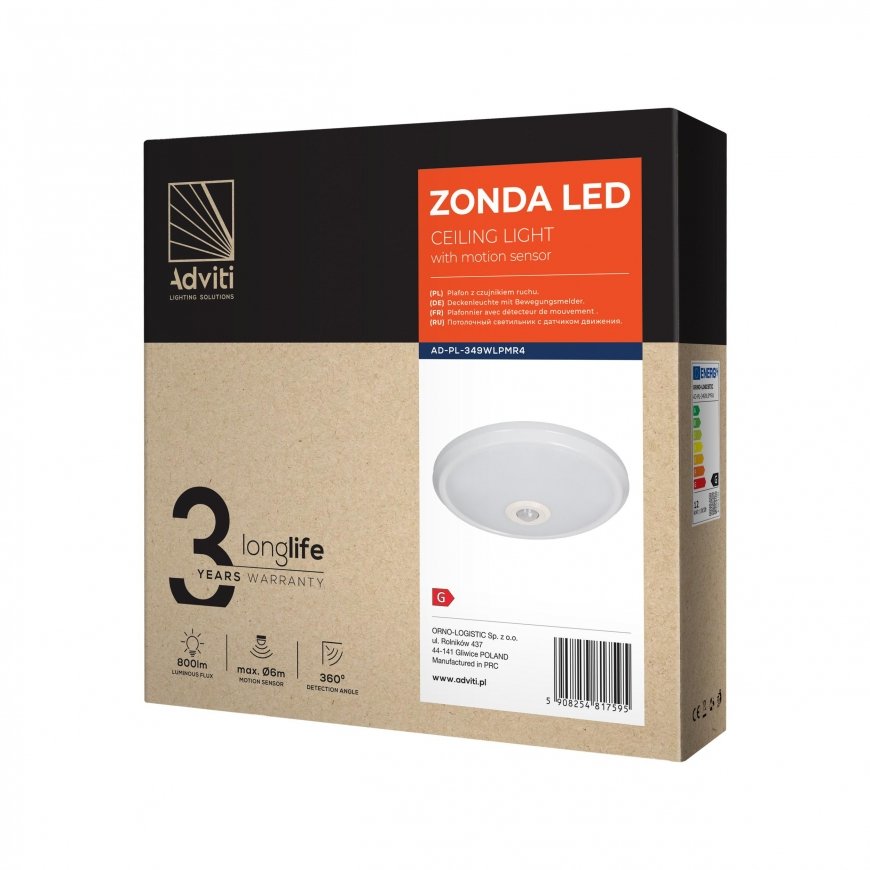 Orno ZONDA LED 12W, ceiling light with motion sensor, 800lm, IP20, 4000K, opal polycarbonate, white – 2