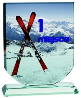 Tryumf Glass trophy with LuxorJet color printing, engraving and paint filling and case