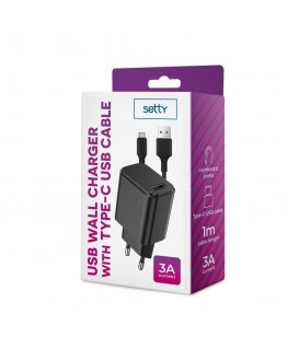 Setty charger 1x USB 3A black + USB-C cable 1,0 m
