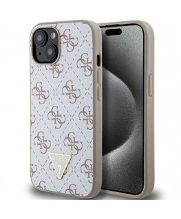 Guess PU Leather 4G Triangle Metal Logo Case for iPhone 15 White