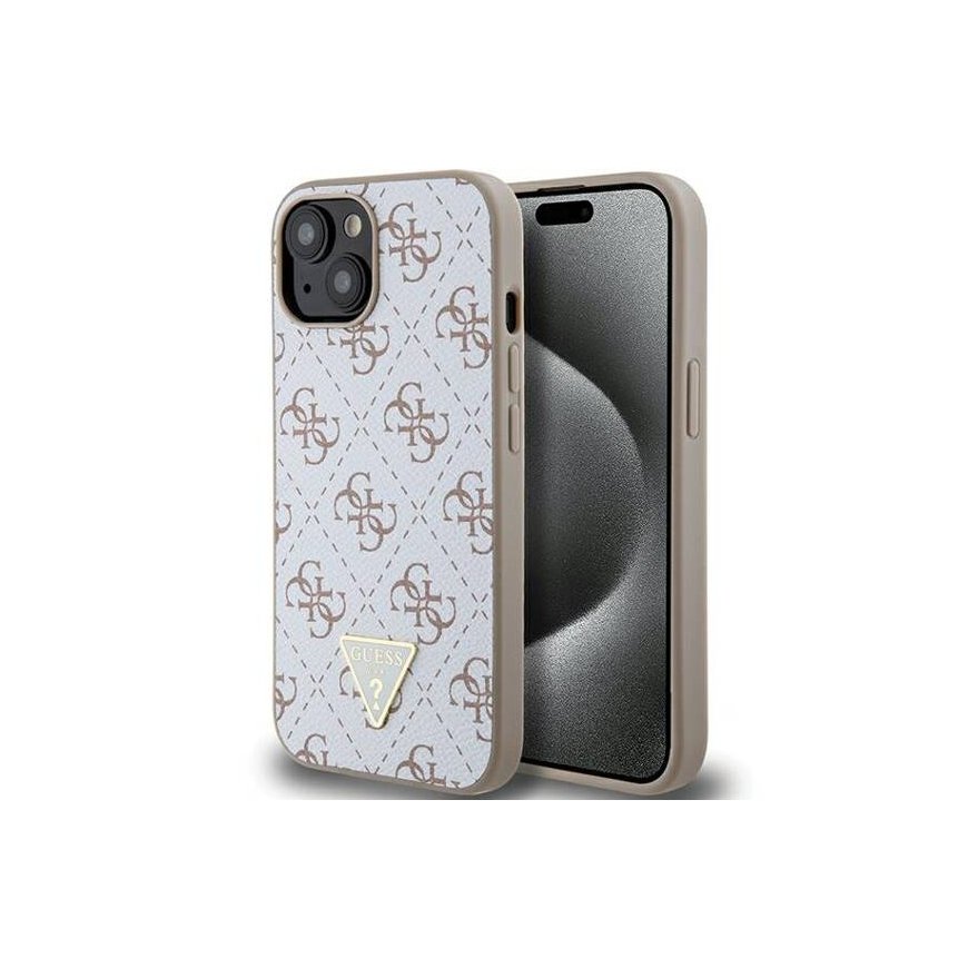 Guess PU Leather 4G Triangle Metal Logo Case for iPhone 15 White