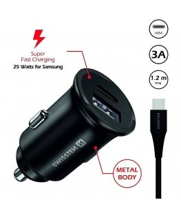 Swissten 35W Metal Car Charger Adapter with 25W Samsung SFC + 10W USB
