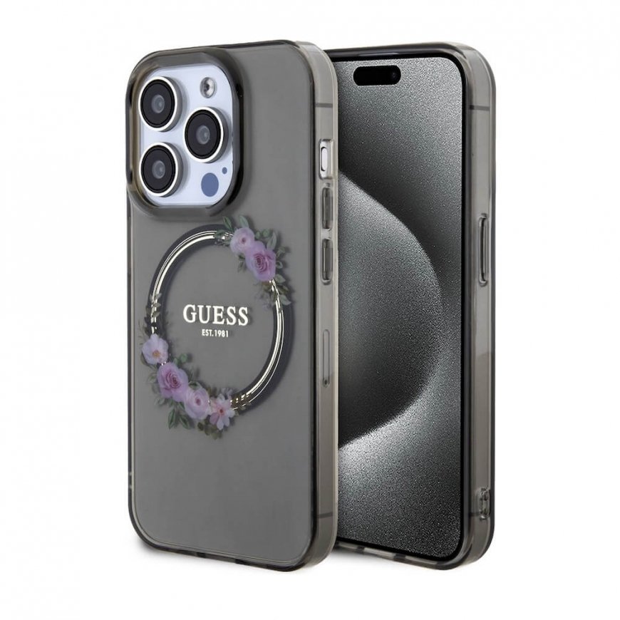 Guess PC|TPU Flowers Ring Glossy Logo MagSafe Case for iPhone 15