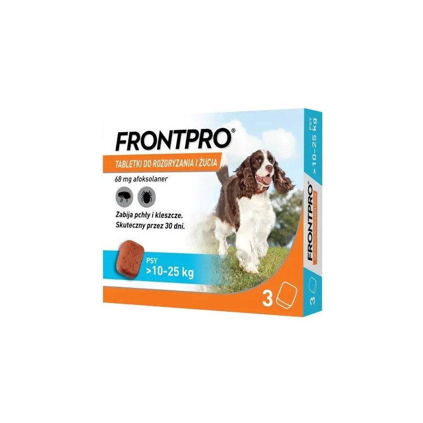 FRONTPRO Blusu un ērču tabletes suņiem (10-25 kg) - 3x 68mg