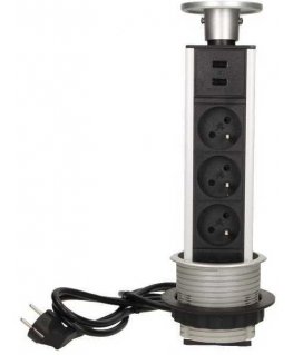 Orno Furniture socket - 8 cm pull-out from above with USB charger and 1.8 m cable, 3x2P + Z, 2xUSB