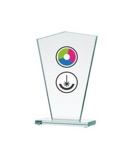 Detail Glass trophy with LuxorJet color printing, engraving and paint filling