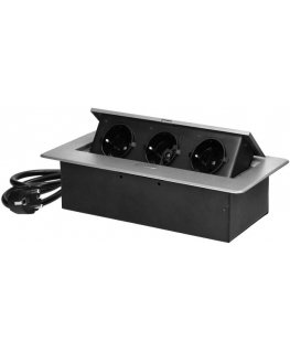 Orno Furniture socket recessed into the table top with a flat milled edge and 1.5 m cable, 3x2P+Z (Schuko), silver