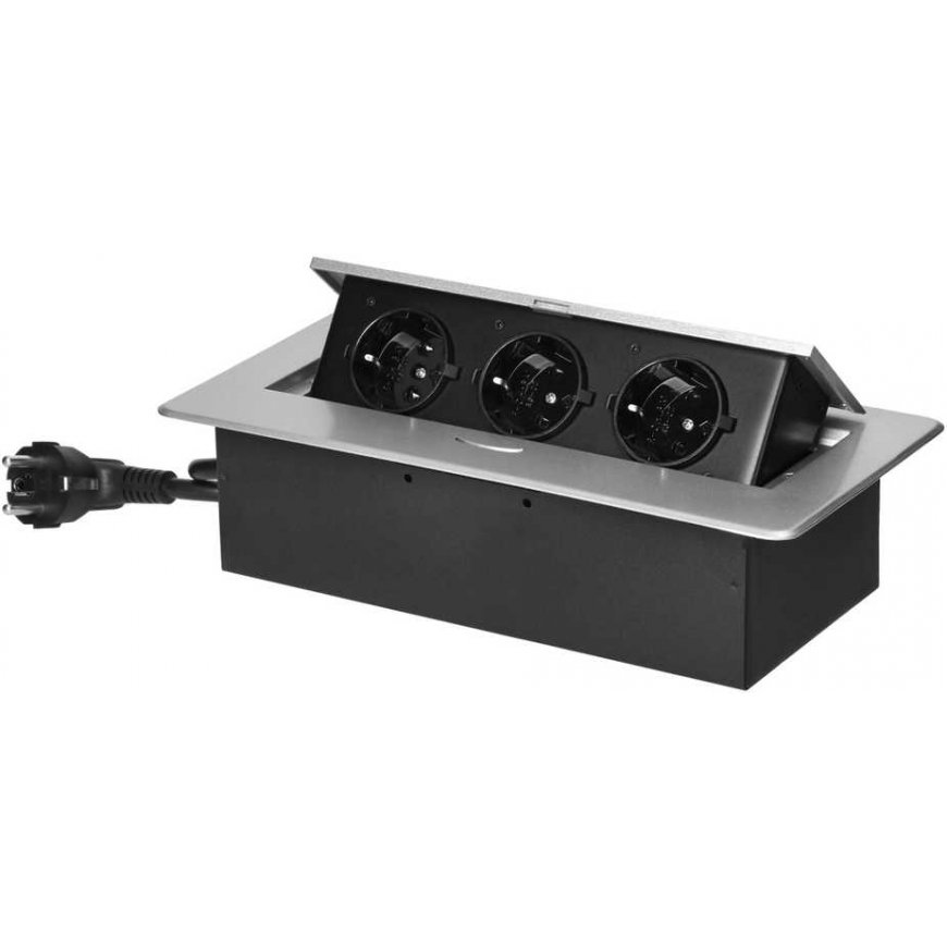 Orno Furniture socket recessed into the table top with a flat milled edge and 1.5 m cable, 3x2P+Z (Schuko), silver – 2