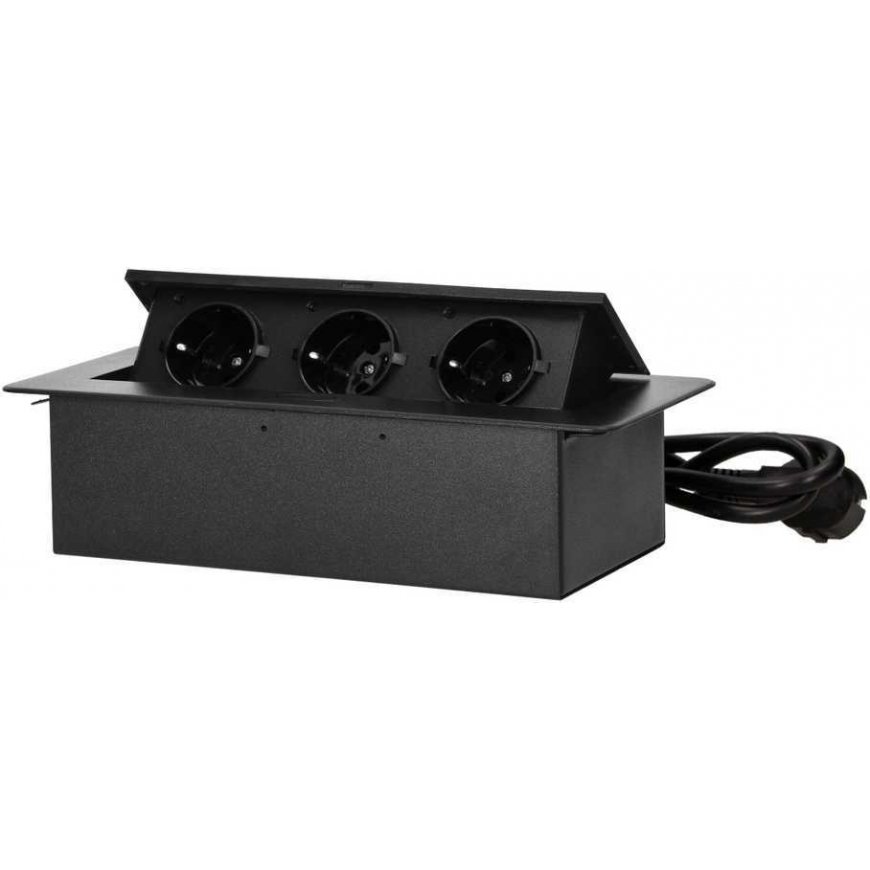 Orno Furniture socket recessed into table top with flat, milled edge and fully built-in bottom and 1.5m cable, 3x2P+Z (Schuko),