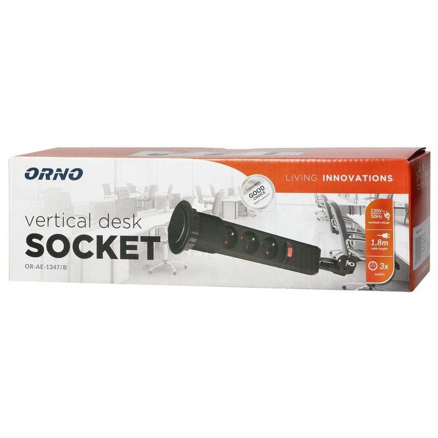 Orno Furniture socket ?6cm pulls out from above with lock and 1.8m cable, 3x2P+Z, black – 2