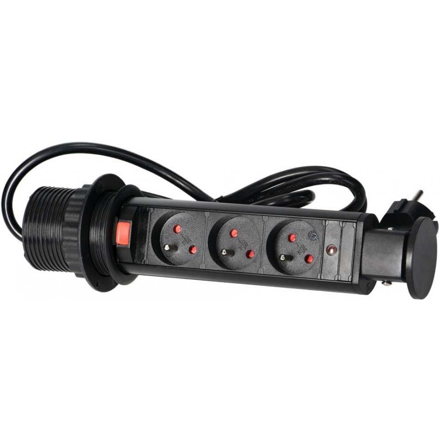 Orno Furniture socket ?6cm pulls out from above with lock and 1.8m cable, 3x2P+Z, black – 3