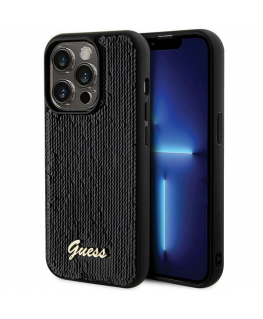 Originalus priekinio skydelio dėklas GUESS GUHCP13XPSFDGSK, skirtas iPhone 13 Pro Max (Sequin Script Metal / juodas)