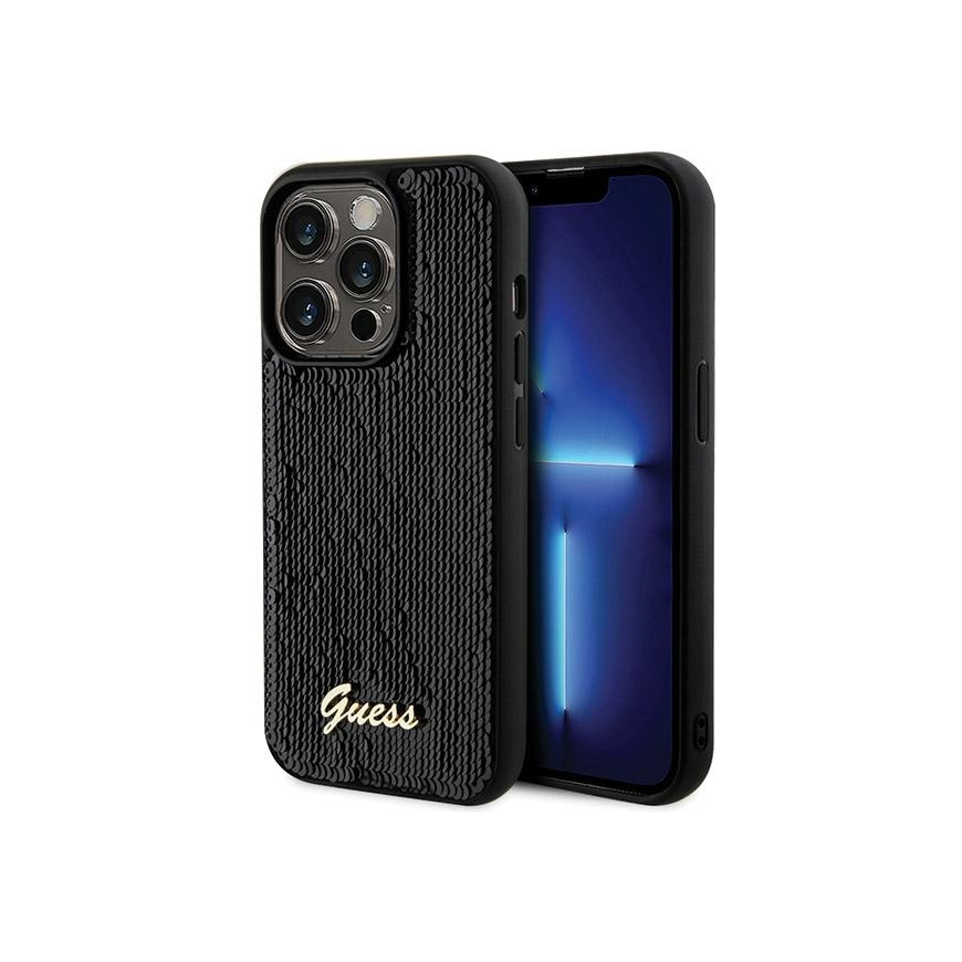 Originalus priekinio skydelio dėklas GUESS GUHCP13XPSFDGSK, skirtas iPhone 13 Pro Max (Sequin Script Metal / juodas)