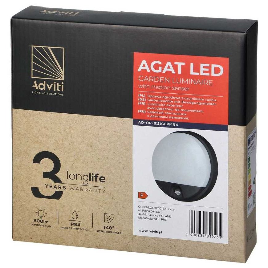 Sieninis šviestuvas Orno AGAT LED 10W, sodo šviestuvas su judesio jutikliu 140st, 800lm, IP54, 4000K, pilkas – 2