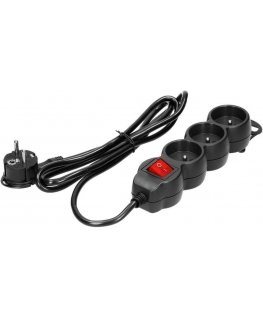 Orno 3-way extension cord 2P+E (Schuko), with switch, 5m H05VV-F 3x1.5mm2, Imax16A, flat plug, black