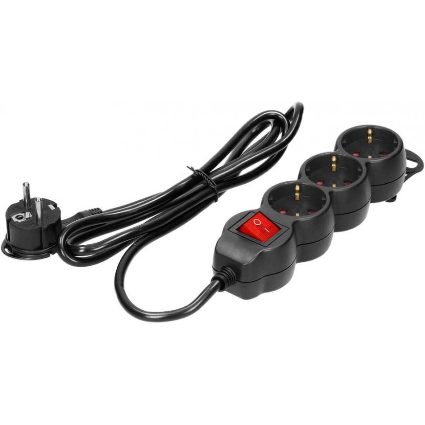 Orno 3-way extension cord 2P+E (Schuko), with switch, 5m H05VV-F 3x1.5mm2, Imax16A, flat plug, black – 2