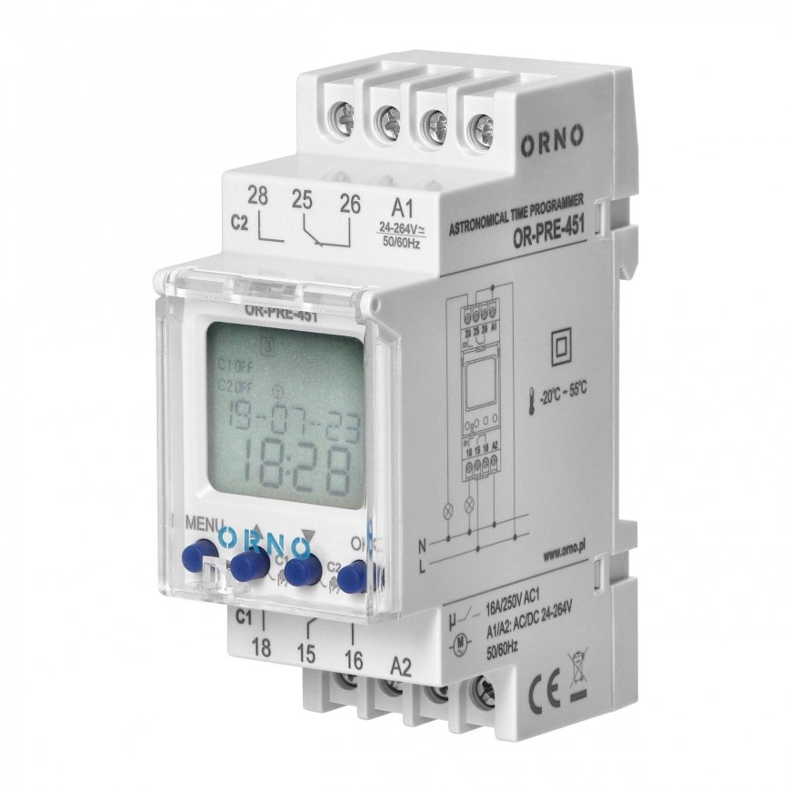 Orno Electronic astronomical and timer programmer, 100 programs, 3 menu languages, 2 relay outputs max 16A/230V, width 2 modules – 2
