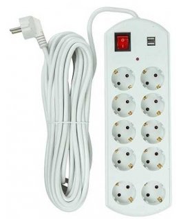 Plug EXD Household extension cord 10m, 10 sockets, 2x USB, with switch
