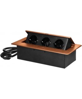 Furniture socket with flat milled edge and 1.5 m cable, 3x2P+Z (Schuko), golden